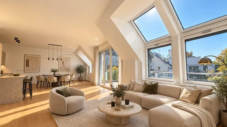 Helles, offenes Wohn-Esszimmer mit Dachschrägen, großen Fenstern und modernem Interieur.