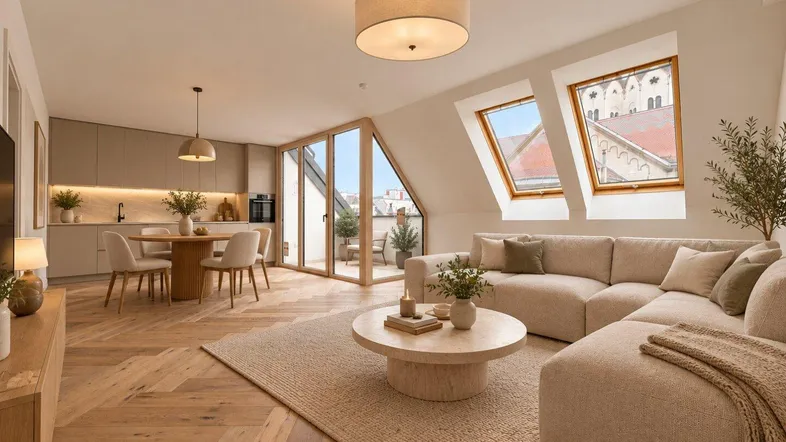 Helles, offenes Wohnzimmer mit integrierter Küche, Essbereich und Zugang zur Terrasse.