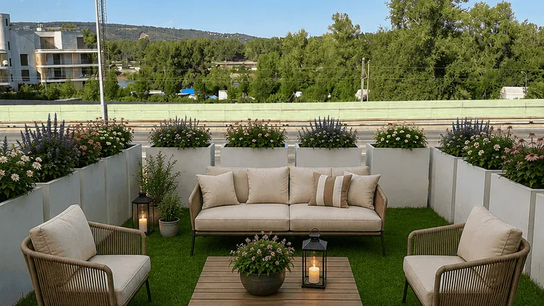 Gemütlicher Außenbereich mit Rasenfläche, modernen Gartenmöbeln und Blumenbeeten unter blauem Himmel.