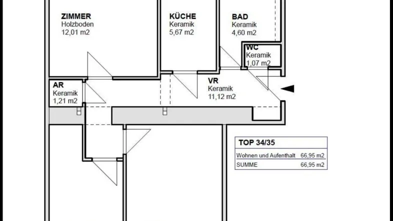 Grundriss einer Wohnung mit drei Zimmern, separater Küche und Bad.