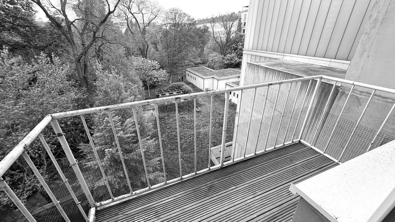 Alterer Balkon mit Holzlattenboden und Blick auf eine grüne Parkanlage mit Bäumen.