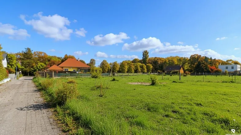 Weitläufige grüne Landschaft mit Feldern und vereinzelten Häusern unter blauem Himmel.