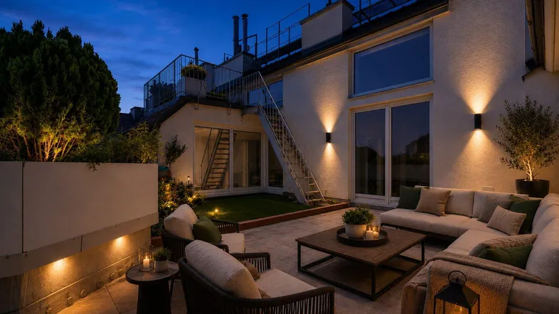 Gemütliche Dachterrasse am Abend mit bequemen Sitzgelegenheiten und stimmungsvoller Beleuchtung.
