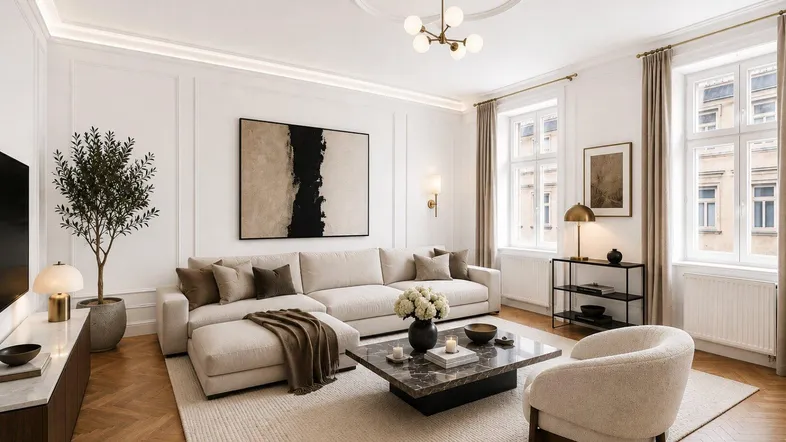 Elegantes Wohnzimmer mit modernem Sofa, Marmortisch und Fischgrätparkett, hell und stilvoll eingerichtet.