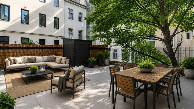 Große, möblierte Terrasse mit bequemer Sitzecke und Esstisch, umgeben von Gebäuden und Bäumen.