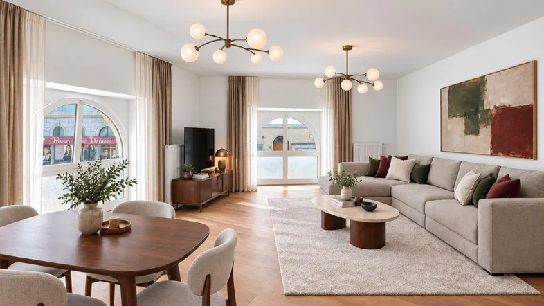Modernes Wohn- und Esszimmer mit Holzboden, großen Fenstern und stilvoller Einrichtung.