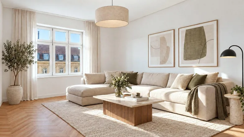 Helles Wohnzimmer mit beigem Ecksofa, Holzboden und modernen Kunstwerken an der Wand.