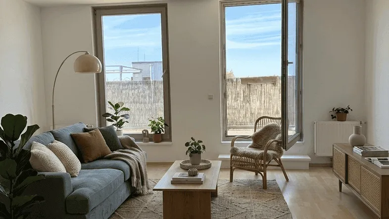 Helles Wohnzimmer mit Sofa, Couchtisch und Zugang zu einem Außenbereich durch große Fenster.