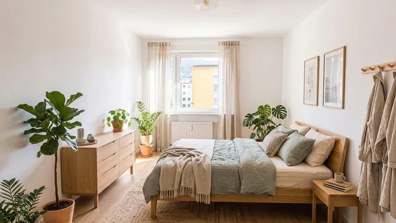 Helles Schlafzimmer mit Holzbett, Kommode, vielen Pflanzen und Blick auf die Umgebung.