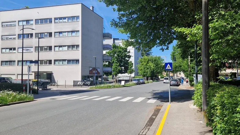 Blick auf eine ruhige Straße mit modernen Wohngebäuden und viel Grün unter blauem Himmel.