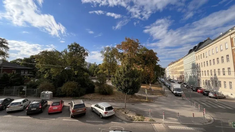 Blick auf eine belebte Straße mit parkenden Autos, gegenüberliegendem Park und historischen Gebäuden unter blauem Himmel.