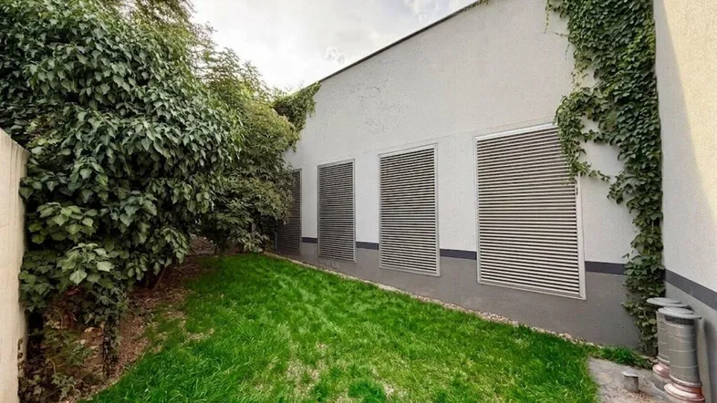 Außenansicht einer Gebäudewand mit Efeu bewachsen und einem schmalen Rasenstreifen daneben.