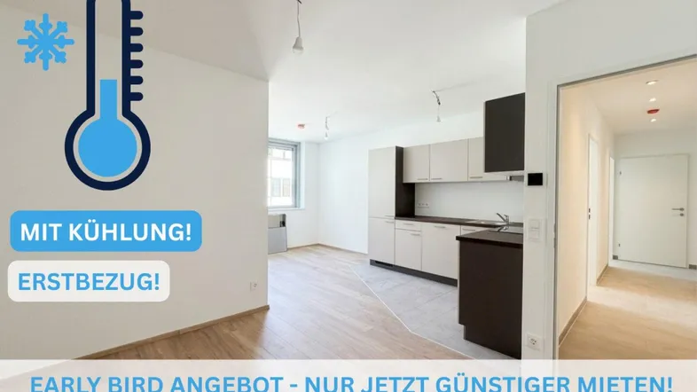 Helle, offene Küche mit Einbauküche und Holzboden, kombiniert mit einem Wohnbereich.