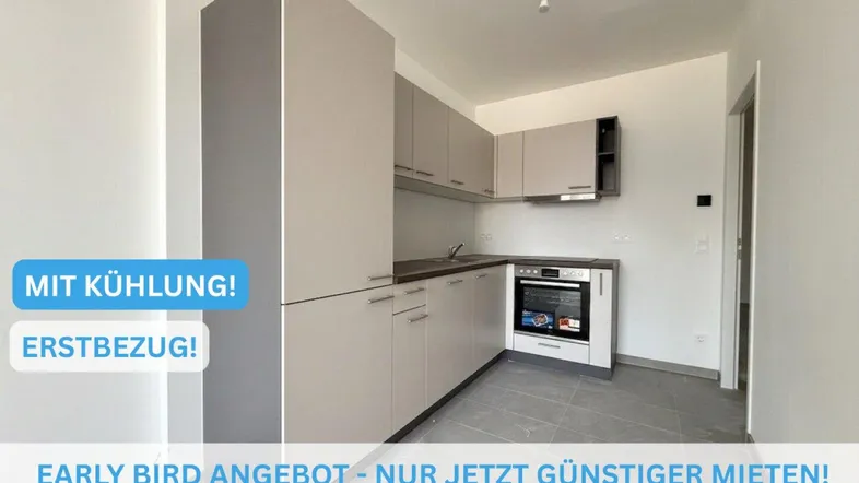 Moderne Einbauküche in Grau mit integriertem Backofen und Fliesenboden, bereit für den Erstbezug.