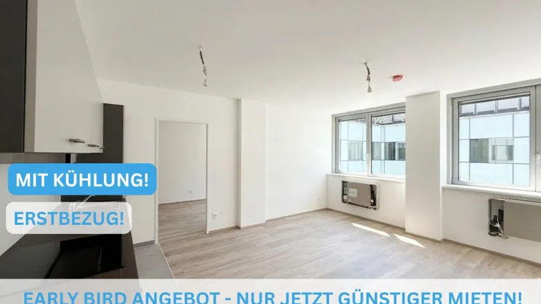 Helles Wohnzimmer mit Laminatboden und großen Fenstern, bereit für den Erstbezug in einem Neubau.