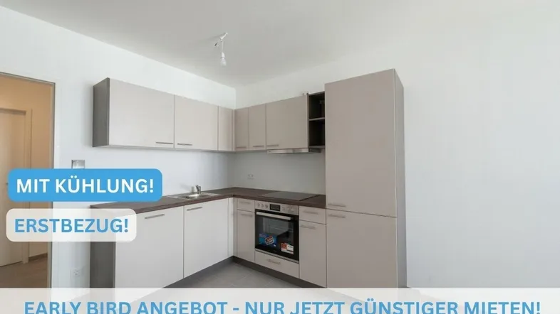Moderne Einbauküche in hellem Grau mit Fliesenboden und integrierten Geräten, ideal für Erstbezug.