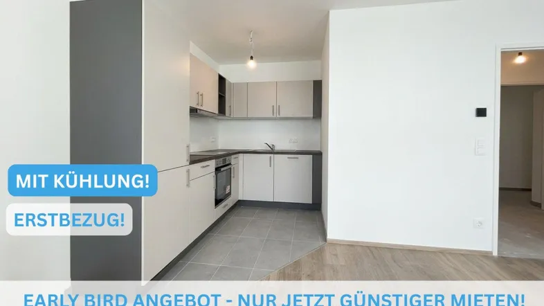 Moderne Einbauküche mit hellen Schränken und integrierten Geräten in einem offenen Wohnbereich.