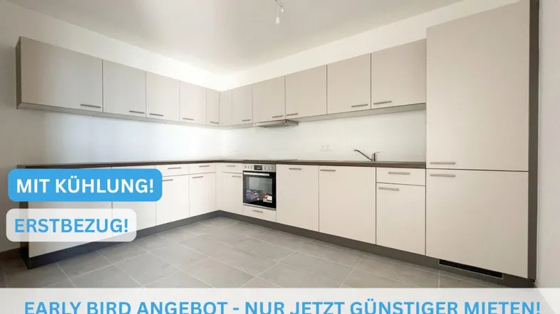 Moderne Einbauküche in hellem Grau mit integriertem Backofen und Fliesenboden, ideal für Erstbezug.