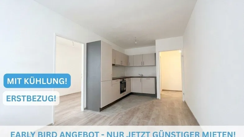 Helle, leere Wohnung mit integrierter Küchenzeile und modernem Bodenbelag, ideal für Erstbezug.