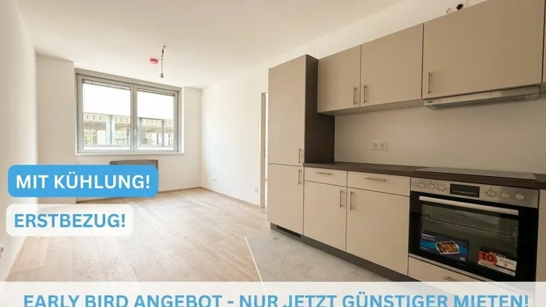 Moderne Einbauküche mit hellem Holzfußboden und Blick aus dem Fenster, ideal für Erstbezug.