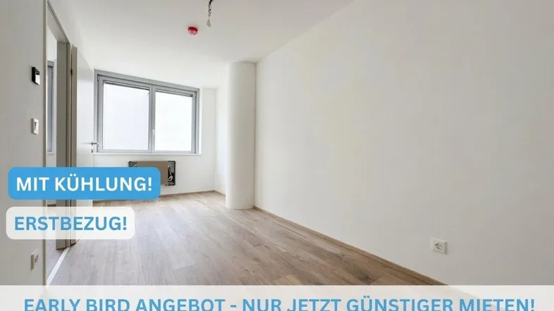 Helles, leeres Zimmer mit Holzfußboden und großem Fenster, ideal für Erstbezug und mit Kühlung.
