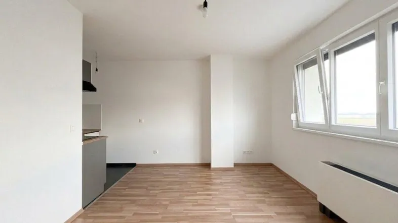 Heller Wohnbereich mit Holzfußboden und großen Fenstern, angrenzend an eine Küchenzeile.