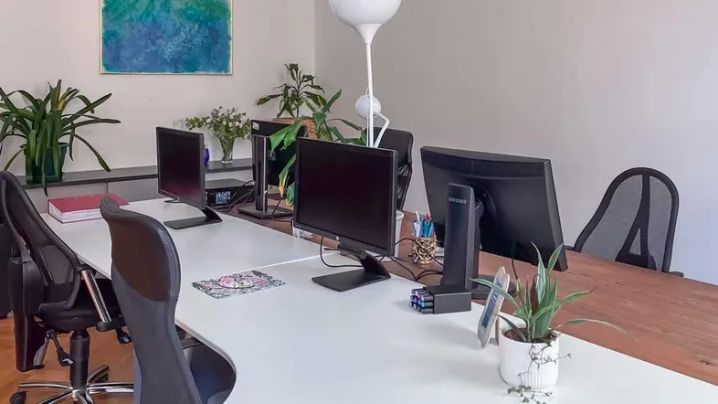 Modernes Büro mit mehreren Arbeitsplätzen, Computern und Pflanzen, ausgestattet mit Holzfußboden und weißen Wänden.