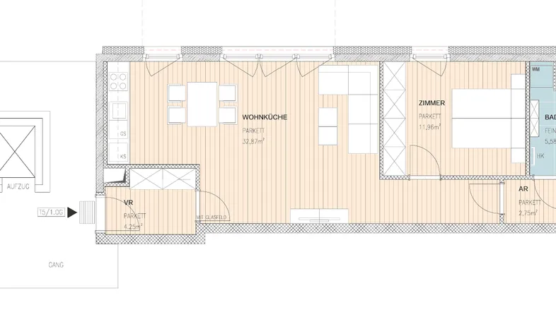 Detaillierter Grundriss einer Wohnung mit offener Wohnküche, Schlafzimmer und Bad.
