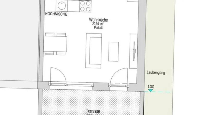 Grundriss einer Wohnung mit Wohnküche, Bad, Terrasse und Gartenanteil im Erdgeschoss.