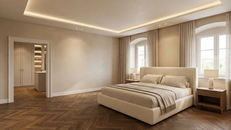 Helles Schlafzimmer mit elegantem Parkettboden, hohen Decken und integriertem Ankleidebereich.
