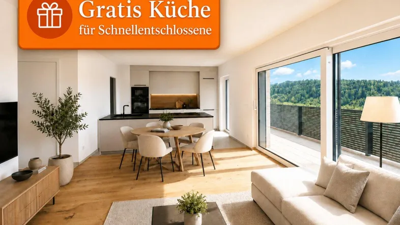 Heller, offener Wohn-Essbereich mit moderner Küche, Holzboden und Zugang zu einer Terrasse mit Weitblick.