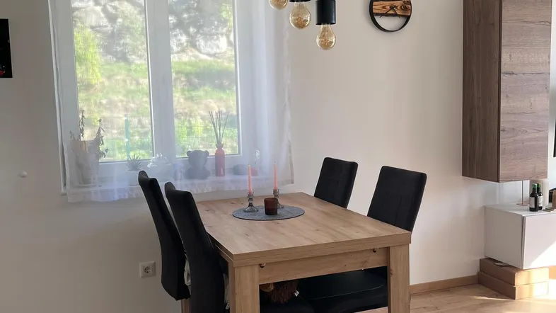 Heller Essbereich mit Holztisch, modernen Stühlen und Blick ins Grüne durch das Fenster.