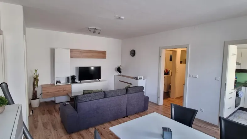 Heller, offener Wohn- und Essbereich mit Holzboden, TV-Möbeln und direktem Zugang zur Küche.