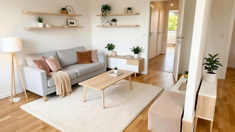 Helles Wohnzimmer mit modernem Sofa, Holzboden und schwebenden Regalen, einladend eingerichtet.