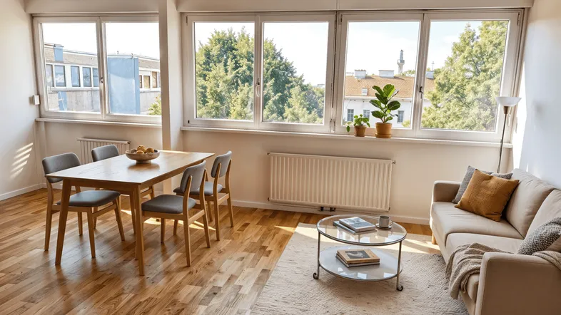 Helles Wohn- und Esszimmer mit Holzboden, großen Fenstern und Blick ins Grüne.