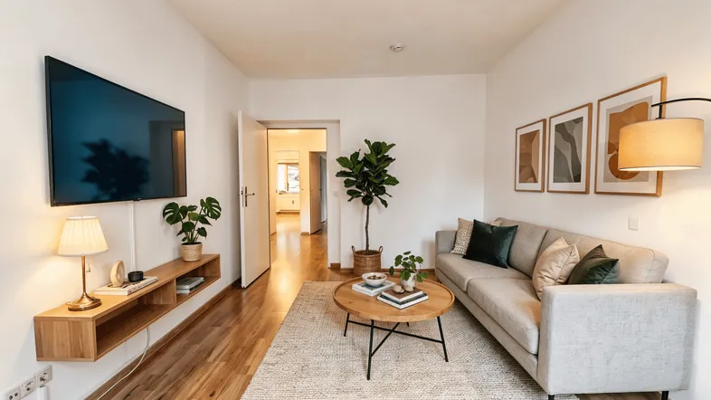 Helles Wohnzimmer mit modernem Sofa, Holzboden und Blick in den Flur.