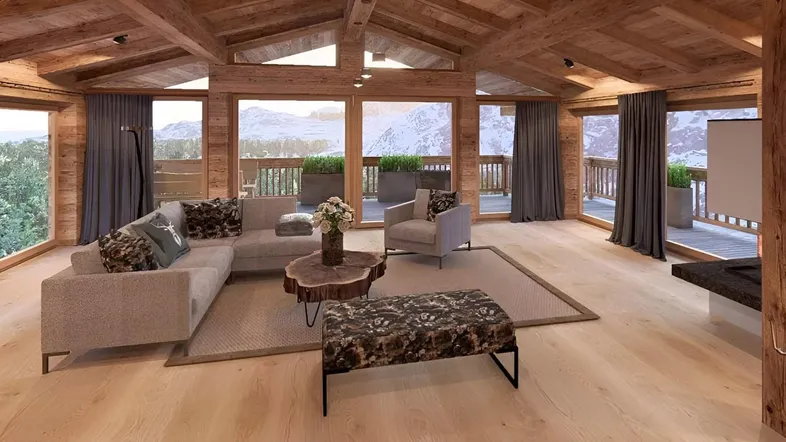 Gemütliches Wohnzimmer im Chalet-Stil mit Holzbalken, großen Fenstern und atemberaubendem Bergblick.