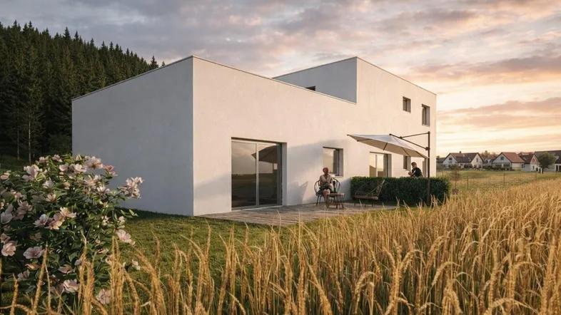 Modernes Einfamilienhaus mit weißer Fassade, umgeben von einem Weizenfeld und Wald im Hintergrund.