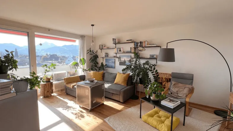 Helles Wohnzimmer mit Holzboden, gemütlichem Sofa und großem Fenster mit Bergblick.