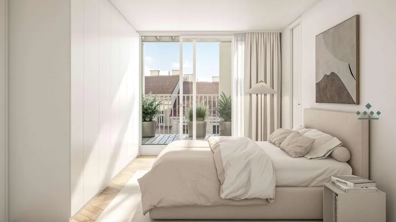 Helles Schlafzimmer mit modernem Design, Einbauschränken und Zugang zu einem Balkon.