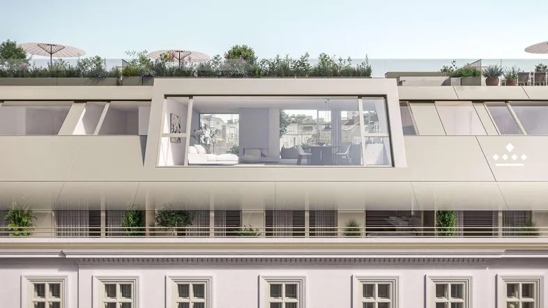 Ansicht des Gebäudes mit moderner Dachgeschosswohnung und begrünter Dachterrasse mit Sonnenschirmen.