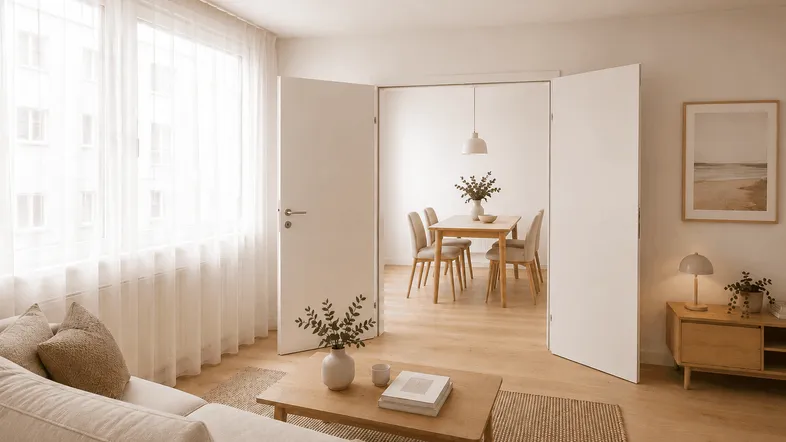 Helles Wohnzimmer mit beigem Sofa, Holzboden und Blick in den Essbereich.