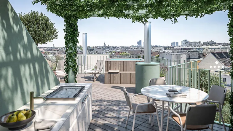 Geräumige Dachterrasse mit Außenküche, Essbereich, Whirlpool und weitem Stadtblick.
