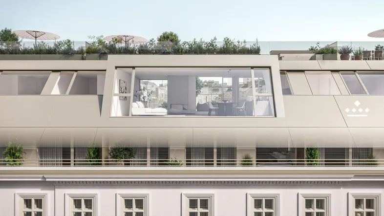 Moderne Dachaufstockung mit großen Fensterfronten und sichtbaren Wohnbereichen, umgeben von Dachterrassen.
