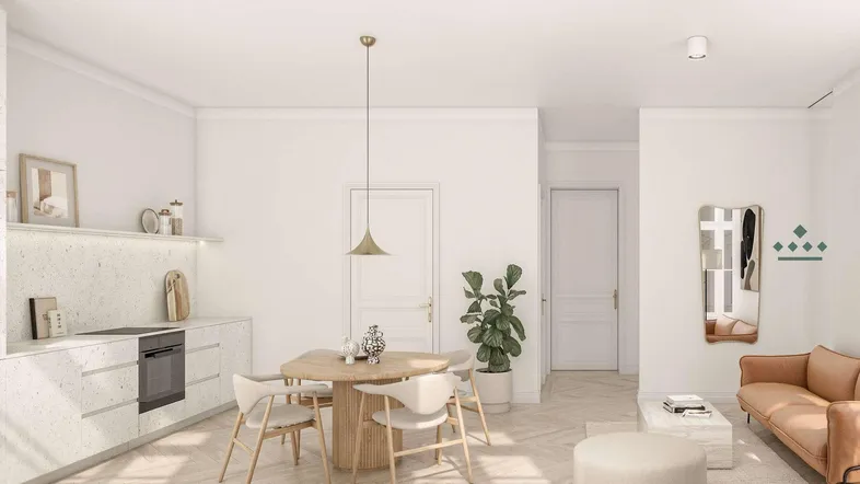 Heller, offener Wohn- und Essbereich mit integrierter Küche und modernem Design.
