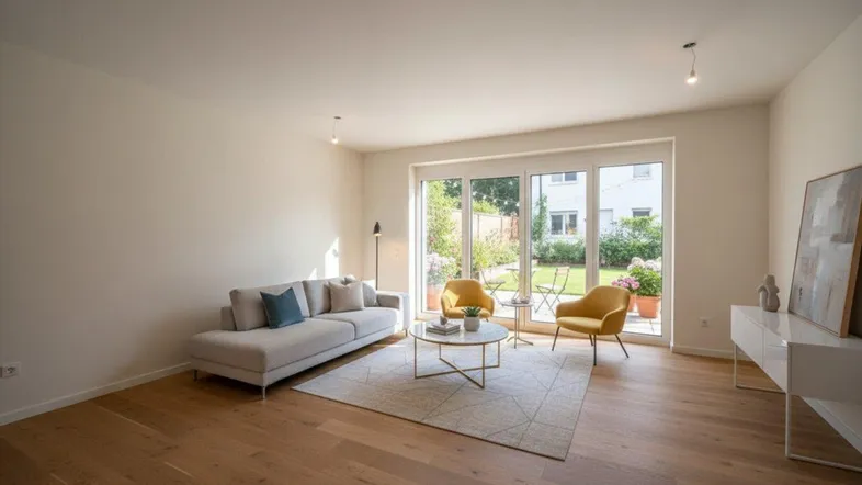 Helles Wohnzimmer mit Holzboden, moderner Einrichtung und Zugang zu einem gepflegten Garten.