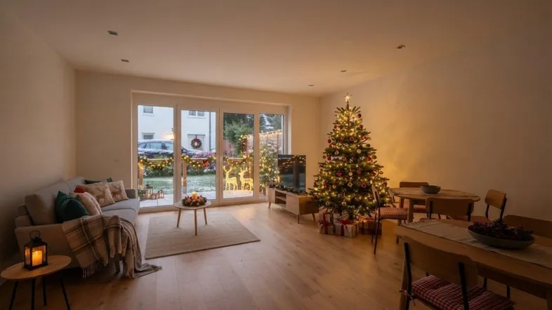 Gemütlicher Wohn-Essbereich mit hellem Holzboden, großen Fenstern und festlicher Weihnachtsdekoration.