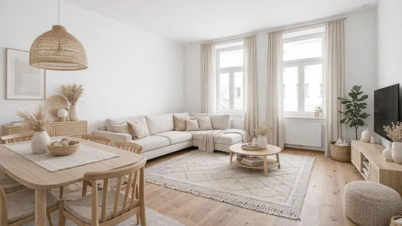 Helles Wohn- und Esszimmer mit Holzboden, beigem Sofa und Rattan-Pendelleuchte.