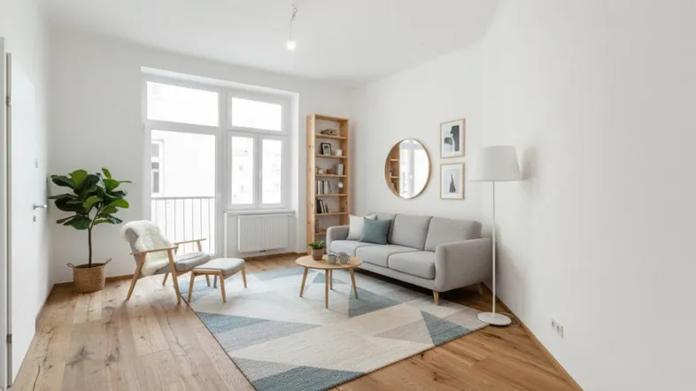 Helles Wohnzimmer mit Holzboden, moderner Einrichtung und Zugang zu einem französischen Balkon.