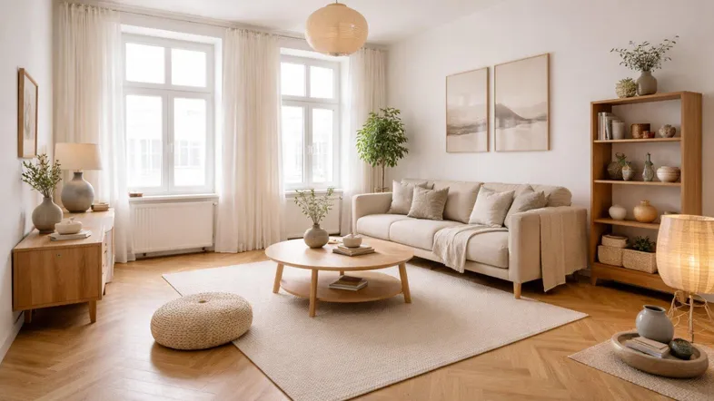 Helles Wohnzimmer mit modernem Design, beigem Sofa, Holzboden und großen Fenstern.
